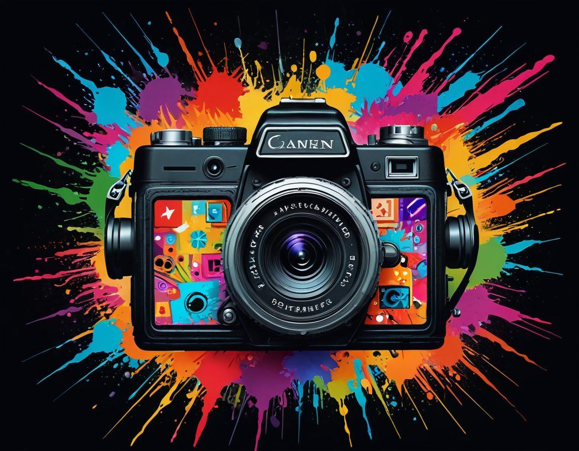A vibrant collage of various user-generated video clips showcasing diverse creative expressions in entertainment. Central to the image is a glowing, artistic video camera symbolizing inspiration, surrounded by illustrated bursts of colorful video play icons. Include elements like a film reel, artistic brushes, and people from different backgrounds engaged in video creation. The scene radiates energy and creativity, inviting viewers to explore the power of user-generated content. digital painting. vibrant colors. dynamic composition.