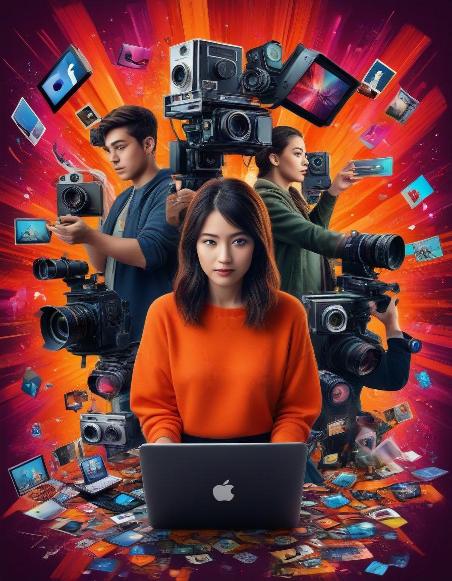 A vibrant digital collage showcasing a diverse group of aspiring filmmakers passionately creating short films with cameras and laptops. Include elements representing social media and digital platforms, such as likes, shares, and comments, floating around them. The background features a dynamic film strip intertwined with social media icons, symbolizing the fusion of traditional filmmaking and digital influence. Bright, bold colors to signify creativity and inspiration. super-realistic. vibrant colors. 3D.