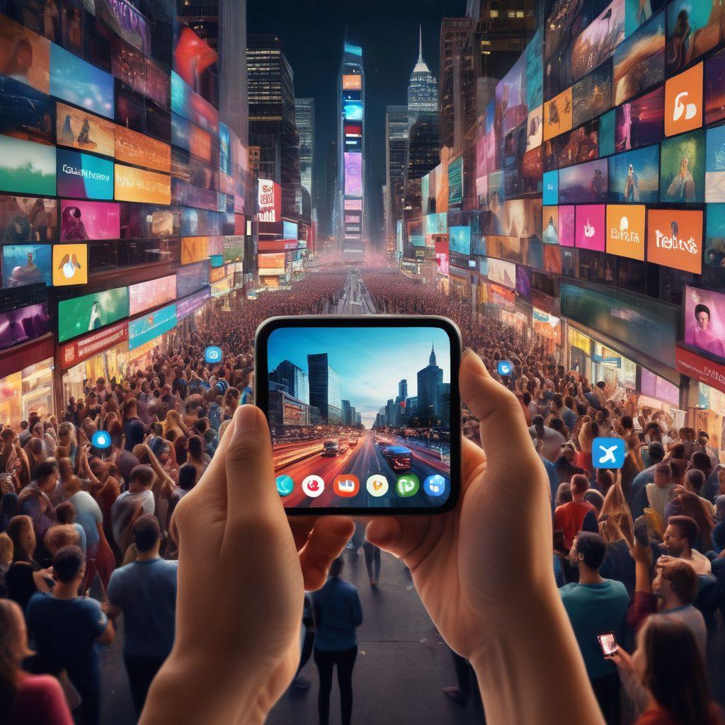 A dynamic collage showcasing diverse individuals filming videos with smartphones, vibrant colors radiating from screens, interspersed with social media icons representing user-generated content. In the background, a blurred cityscape symbolizes the rise of digital connectivity. The scene captures a sense of community and creativity in media sharing. super-realistic. vibrant colors. 3D.